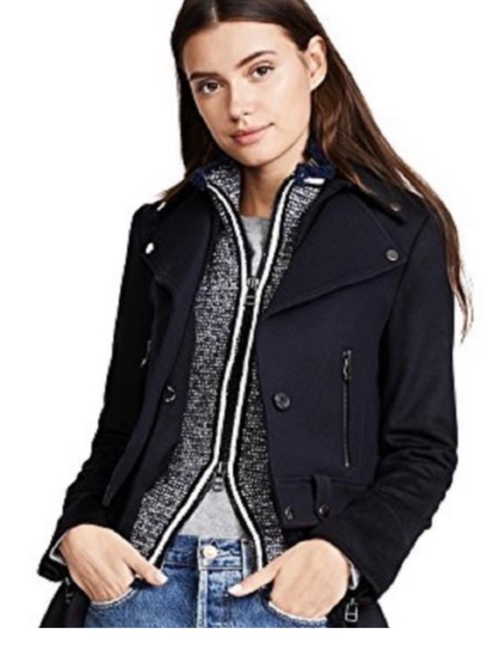 $278 Veronica Beard LUCA blue white Tweed dual zip fringe Dickey jacket insert